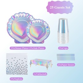 CEILIWEN 126PCS Silver Seashell Party Tableware Set for 25 Guests – 9'' & 7'' Paper Plate, Cup, Napkin, Straw, Tablecloth – Iridescent Birthday/Baby Shower/Mermaid Party/Under The Sea Celebration
