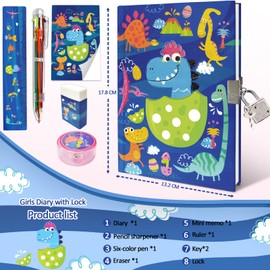GINMLYDA Set of Secret Diary for Boys, 6Pcs Gifts Stationery Set for Boys incl. Dinosaur Diary with Lock 6 Multicolor Pen Memo Ruler Eraser Sharpener Kids Notebook for Boys