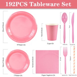 192 Pcs Paper Disposable Dinnerware Set for 24 Guests Tableware Set for Party Includes 24 Christmas Plates 9" 24 Plates 7" 24 Cups 24 Napkins 24 Straws 24 Plastic Forks 24 Spoons 24 Knives Pink