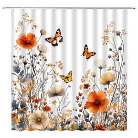 Floral Butterfly Shower Curtain Fall Flower Orange Plant Retro Rustic Fabric Bathroom Decor Sets with Hooks,71W x71H