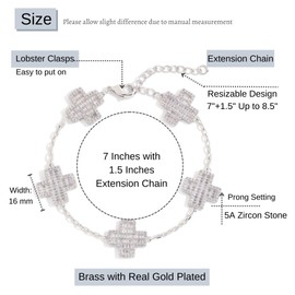 Iced Out 5A Cubic Zirconia Five-Flower Lucky Bracelet, Adjustable Chain Bracelet Dainty Four Leaf Clover Bracelets For Women Trendy, White Gold Plated Stack Bracelets (Silver- Cross, 7 Inch)