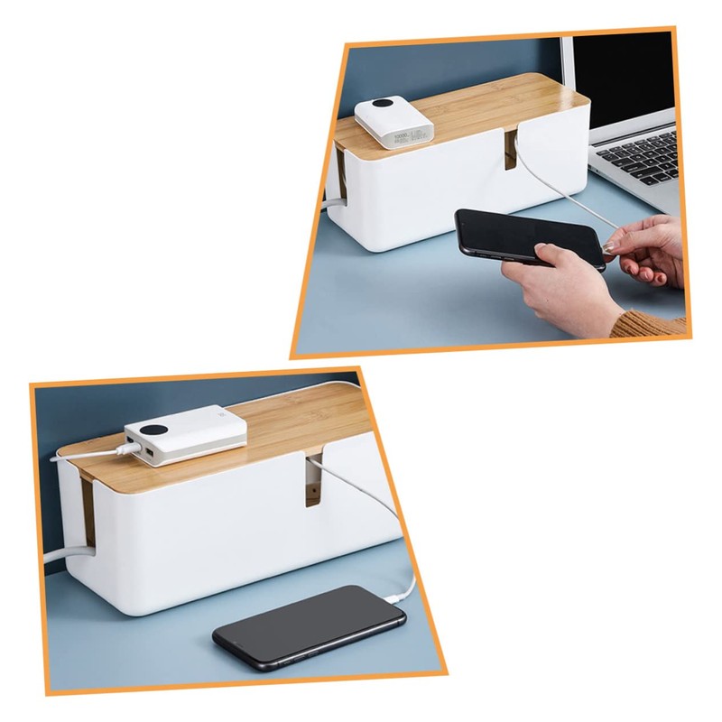 TEHAUX Cable Management Box Bamboo Lid Power Charging Data Cable