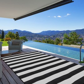 Pcinfuns Plastic Straw Rug,Patio Rugs RV Camping Rug Reversible Mat,9'x12' Large Floor Mat and Rug for Outdoor,Black and White Stripes