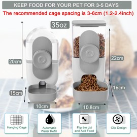 Lemtrflo Hanging Automatic Rabbit Feeder for Cage,Dog Cat Food and Water Dispenser,Ferret Food Dispenser,Rabbit Water Bottle Guinea Pig Food Bowl Set,Gravity Feeder for Cats Dogs (Gray)