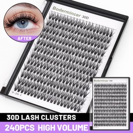Bodermincer 10D/20D/30D/40D/50D Cluster to Choose Large Tray 240pcs D Curl Individual Cluster Eyelashes False Eyelashes Extension Individual Eyelash Bunche Lash Cluster DIY at Home (30D-8mm)