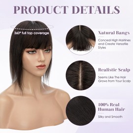 Charites Hair Toppers for Women Real Human Hair 14 Inch Long Straight Toppers for Women with Thinning 7 * 13CM Silk Base Clip in Hairpieces with Bangs (Natural Black)