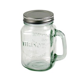 Grant Howard Mason Classics Vintage Glass Jar Mug, Metal Emboss Top, 16 Ounces, Food Storage Canning Container, Clear