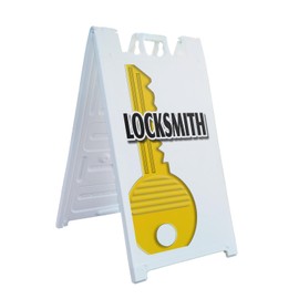 A-Frame Sidewalk Locksmith 24" x 36" Double Sided A-Frame Sidewalk Sign, Includes 2 Installed Vinyl Decals | Foldable Portable White Signicade Sandwich Board Signs