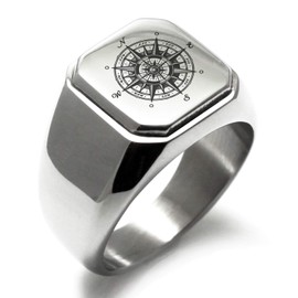 Stainless Steel Nautical Vintage Compass Square Flat Top Biker Style Polished Ring, Size 9