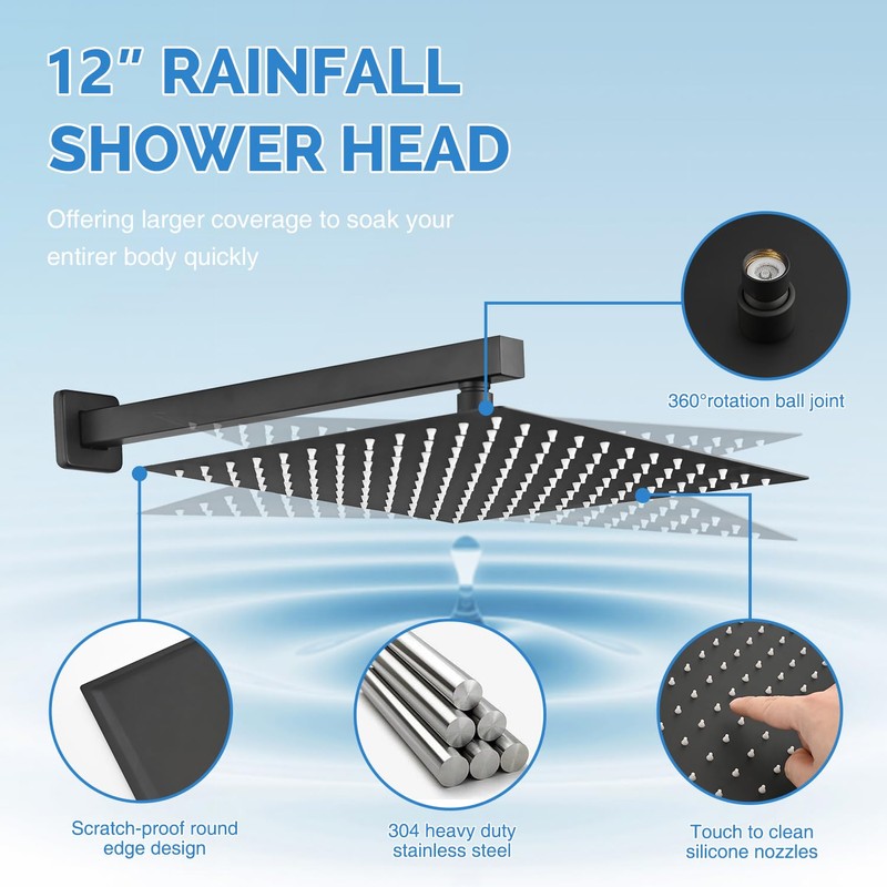 Black shower faucet set, Rain shower Head with Handheld Spray,