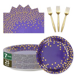 Purple and Gold Paper Plates and Napkins Party Supplies,25 x 7'' Dessert Plates & 25 x 6.5'' Napkins & 25 x 6.3'' Forks,Disposable Paper Tableware Set for Birthdays,Graduation,Carnival(Serve 25)