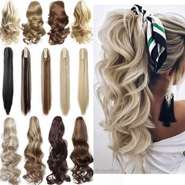 Long Short Claw Ponytail Hair Extension One Piece Cute Clip in on Ponytail Jaw/Claw Synthetic Straight Curly Hairpieces 24" Curly Dark brown & sandy blonde