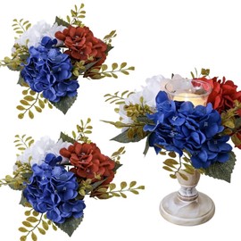 2 Pack 4th of July Wreaths Artificial Hydrangea Candle Rings Holder,Patriotic Red, White and Blue Floral Decoration, 3 Inch Center for Pillar Candle Table Centerpiece (Multicolor)