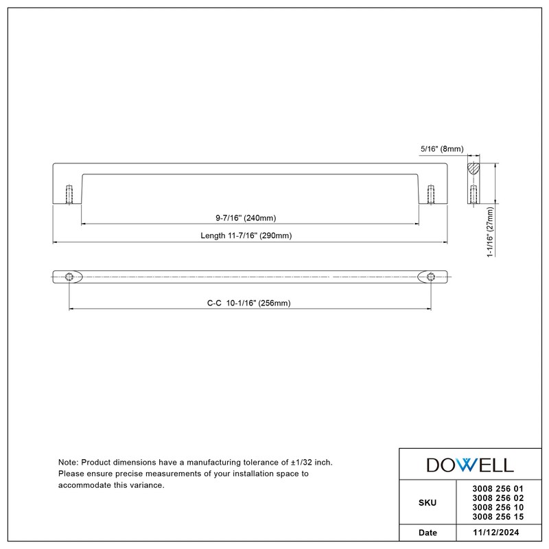 Dowell 3008 11-3/8" Slim Square Bar Pulls, 10-1/8“(256mm) Hole Centers,
