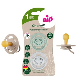 nip Cherry Dummies Pack of 2 from Birth 0+, Flat Teat in Cherry Shape Natural Rubber, Breastfeeding Friendly, BPA-Free, Sustainable, 0 Months +, Teething Friendly, Nursing Friendly, Extra Light