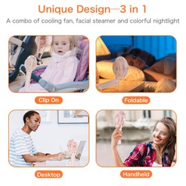 Handheld Misting Fan Portable Fan Facial Steamer-Rechargeable Battery Operated Fan, Foldable Travel Fan with Cooling Humidifier and Colorful Nightlight for Camping, Hiking, Outdoor