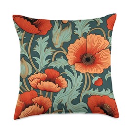 Poppies Floral - William Morris Style Art Nouveau Throw Pillow