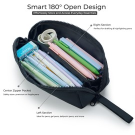 Ralnitote Small Pencil Pouch with 180° Open Design, Slim Pencil Case for Girls and Boys, Aesthetic & Cute Pen Bag for School, Office, Makeup or Tech Accessories-Black