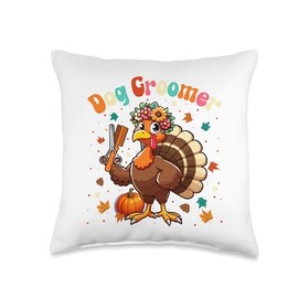 Dog Groomer Job Thanksgiving Flowers Turkey Matching Team Throw Pillow