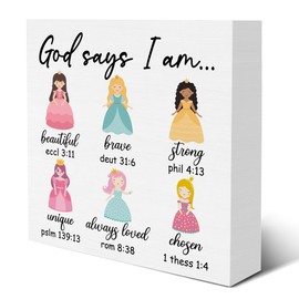 God Says I Am Princess Sign Positive Affirmation Wooden Sign Christian Inspirational Gifts for Kids Teen Girl Room Bedroom Dorm Home Shelf Bible Verse Decor 5 X 5 Inches