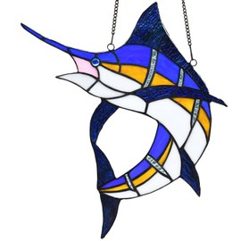 Bieye W10081 Blue Atlantic Marlin Sailfish Tiffany Style Stained Glass Window Panel Hangings, 14.75" Wx14 H