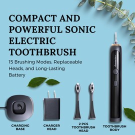 dosmetics Electric Toothbrush for Adults, Sonic Toothbrush with Replaceable Heads and 15 Brushing Modes, Rechargeable Waterproof Toothbrushes for Plaque Removal with Charging Base and Travel Cap