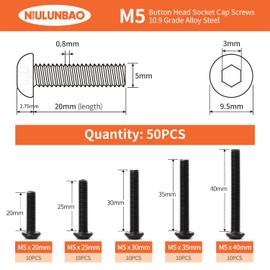 NIULUNBAO M5 x 20mm 25mm 30mm 35mm 40mm Button Head Socket Cap Screws Bolts, 10.9 Grade Alloy Steel, Black Oxide Finish, Allen Socket Drive, Metric Machine Fully Threaded, Assortment Kit 50PCS