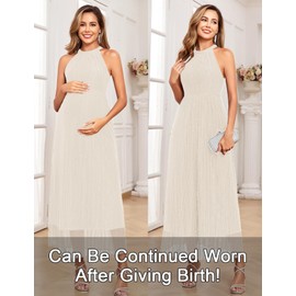 AISWI Maternity Sparkly Mesh Dress Halter Neck Sleeveless A Line Pregnancy Dresses Semi Formal Baby Shower Photoshoot, Off White, Large
