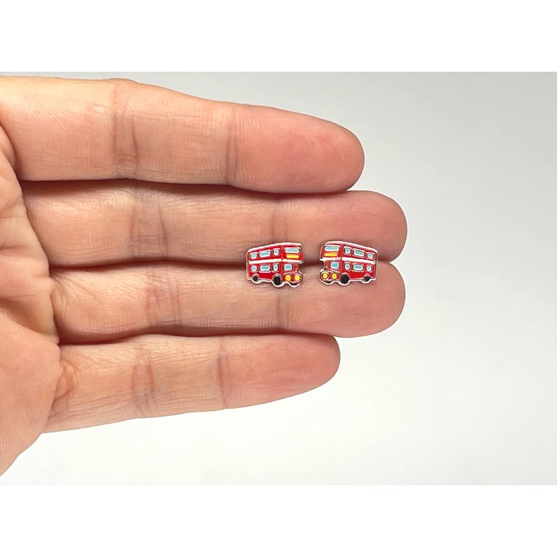 Red Double Decker Bus Stud Earrings - 925 Sterling Silver