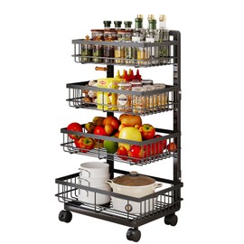 Aupekro 4-Tier Kitchen Storage Cart, Metal Utility Rolling Cart with Wheels, Versatile Rolling Storage Snack Cart, Adjustable Fruit Vegetable Basket Rack for Pantry, Bathroom, Kitchen, Office (Black)