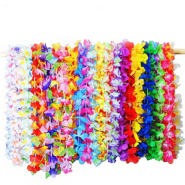 Hawaiian Leis Garland Necklace,36Pcs Colorful Ruffle Rainbow Flowers,Tropical Luau Flower Lei Silk for Summer Theme Dress Party Decorations Favors