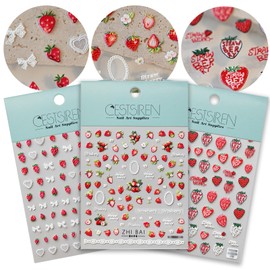 cestsiren CESTSIREN Strawberry Lace Nail Art Stickers 3D Embossed Nail Decals for Nail Art Design Self-Adhesive Nail Accessories for Women Nail Art Supplies 3 Sheets