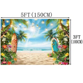 Summer Hawaiian Photography Backdrop Beach Tropical Flower Palm Leaves Surfboard Background Luau Aloha Party Birthday Decoration Banner Photo Booth Studio Prop 5X3FT