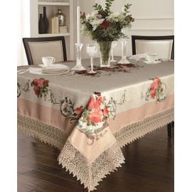 Violet Linen Decorative Printed Ascott Tablecloth with Lace Trimming, Ivory, 52" x 70"