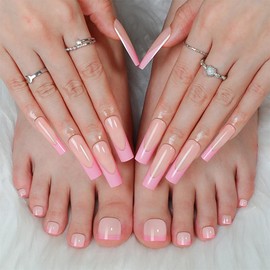 48Pcs Long Square Press on Nails and Toe Nails Matching Set Pink French Tip Fake Fingers Toe Nail Tips Press ons Nude Gradient Glue on Toe Nails Acrylic Nails Square Summer False Toe Nails for Women