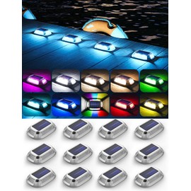 12Pack Aluminum Alloy Solar Driveway Lights, IP68 Solar Deck Light Marine Dock Lights Outdoor Waterproof, Multi-color LED Driveway Markers for Walkway, Path Decor [12Modes - Strobe/RGB/Fix-color]