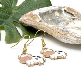 Cute Cow Charm Earrings, White Enamel Charm Beads on Nickel Free Gold Tone Hooks : 34mm long, Funny Gift for Women, Calf Jewellery, Pet Owner, Farm Animal Lover