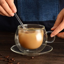 PRTECY Glass Espresso Cups with Saucers and Spoons Set of 2, 8.45 Oz Double Wall Insulated Glass Coffee/Tea Cups Drinking Demitasse Mugs for Cappuccino Latte Tea and More Beverage