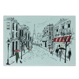 Ambesonne Paris Cutting Board, Old French Pedestrians Stores Trees and the Silhouette of Eifffel Urban Illustration, Decorative Tempered Glass Cutting and Serving Board, Small Size, Multicolor