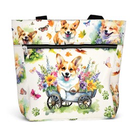 84hoods Large Waterproof Tote Bag with Pockets and Zipper for Work. Gift for Corgi Lovers Owners. Shoulder Bag for Women. Aesthetic 15 inch Bag. Flowers Garden.