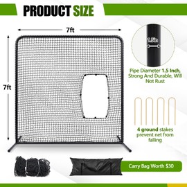 RoundFunny Baseball Pitching Net Screen 7ft x 7ft Softball Batting Machine Protective Screens with Steel Frame Carry Bag Cut-Out Through Net for Baseball Practice Training Equipment
