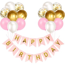 Happy Birthday Banner, Pink and Gold Birthday Decoration Happy Birthday Balloons, Ribbons and Birthday Banners for Decoration Birthday Party Supplies（Gold&Pink)