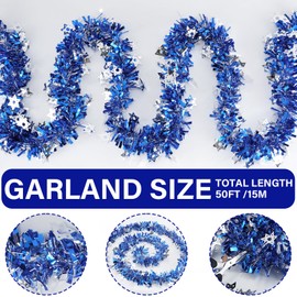 Hanukkah Tinsel Garlands, 50 Ft Hanukkah Decorations Tinsel Garland with Star of David Silver Ornaments Blue Metallic Streamers for Home Indoor Outdoor Chanukah Party Supplies