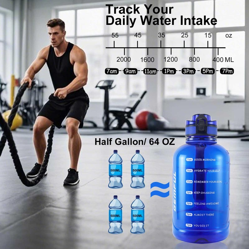 GEMFUL 2L Half Gallon Water Bottle with Time & Handle
