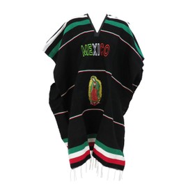 Leos Imports Lupita Virgen de Guadalupe Black Mexican Poncho - Unisex V-Neck Fringed Poncho