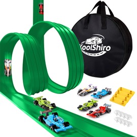 Flexible Toy Car Track for Racing, 4M Roll Up Race Track Includes 4 Diecast Toy Cars for Boys, Diecast Cars and Monster Trucks, Attach to Windows Doors for Bumps Jumps Tunnels Loops (Green)