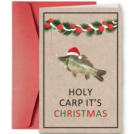 SuperShunhu Funny Fish Christmas Card for Family Friend, Punny Christmas Card for Fish Lover, Amusing Carp Xmas Card for Women Men, Holy Carp It is Christmas