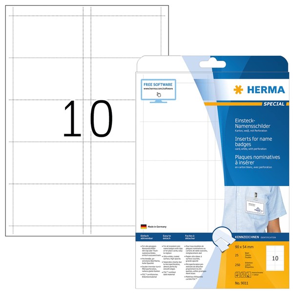 HERMA Printable Name Badge Inserts, 10 Inserts Per A4 Sheet, 250 Inserts for Laser and Inkjet Printers, 90 x 54 mm (9010)