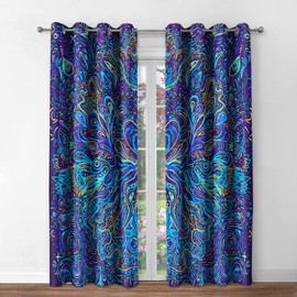 Jekeno Hippie Bohemian Mandala Blackout Curtains - Indian Gypsy Abstract Flower Floral Texture Print Drapes Decor Bedroom Living Room Darkening Grommet Window Treatments 2 Panels Set, Blue 52"X84"