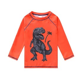 Toddlers and Baby Boys' 3-Piece Rash Guard Swimsuits Kids Long Sleeve Sunsuit Swimwear Sets, Orange Dinosaur, 6-9 Months